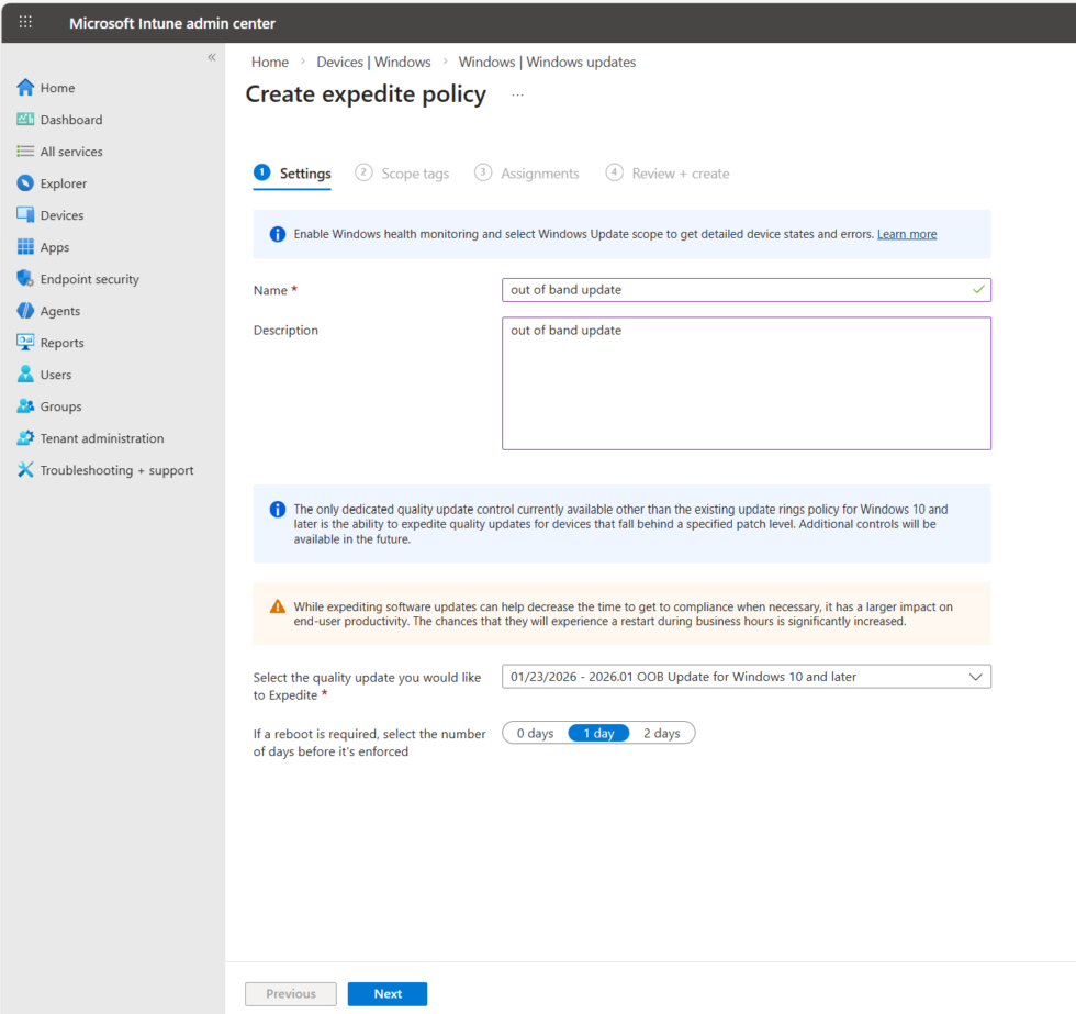 Creating an expedited quality update profile in Intune